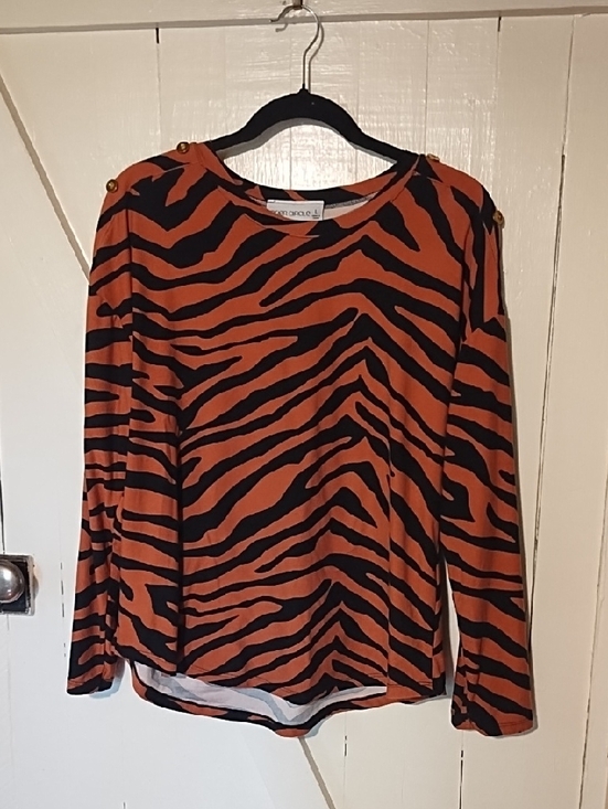Inner Circle Tops - Rust Zebra-Stripe Long Sleeve Tunic with Shoulder Buttons Large EUC.